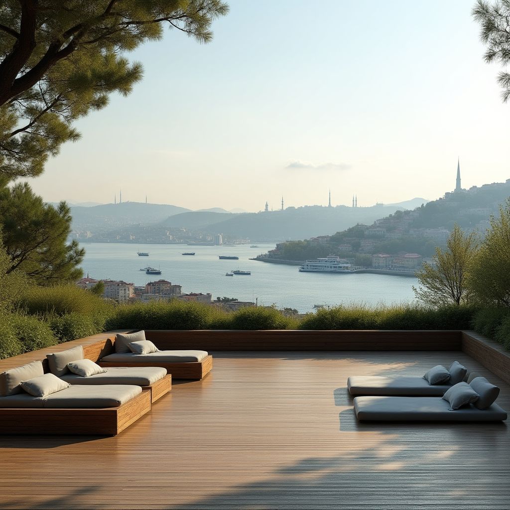 İstanbul Kadıköy manzaralı terasta açık hava meditasyon alanı